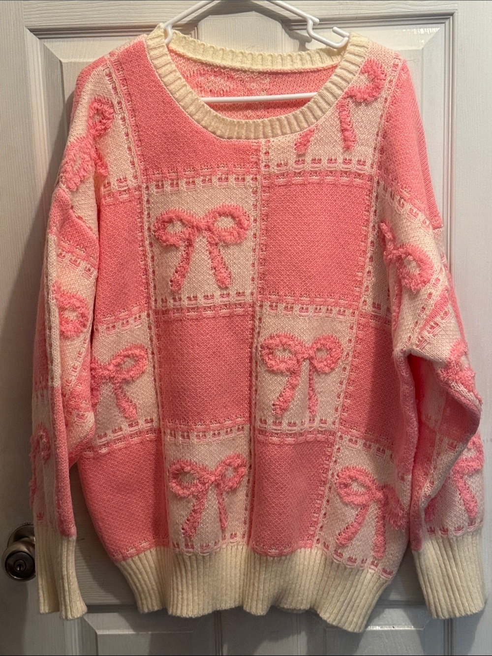 SHEIN Curve 3X Pink & White Checkered Bow Sweater - Coquette Aesthetic Knit